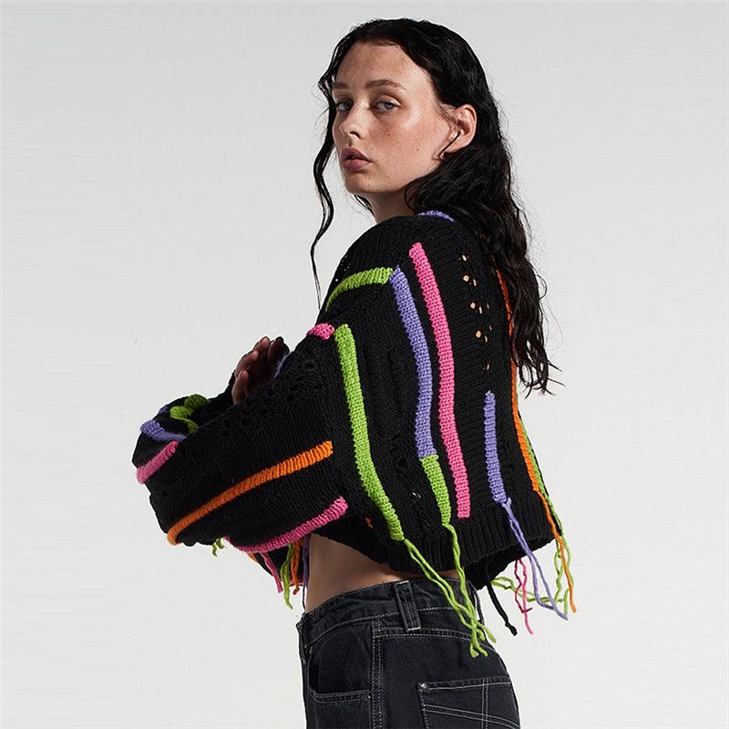 Fashion Knitted Patchwork Color Net Red Tassel Casual Short Sweater - Trendha