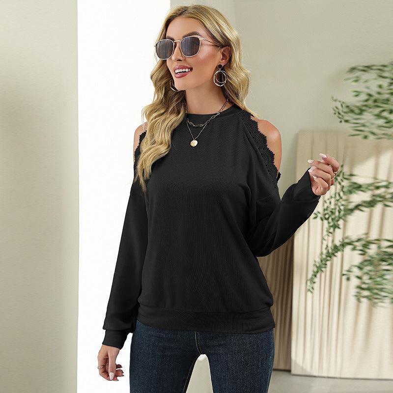 Fashion Lace Panel Sexy Shoulder Drop Casual European And American T-shirt - Trendha