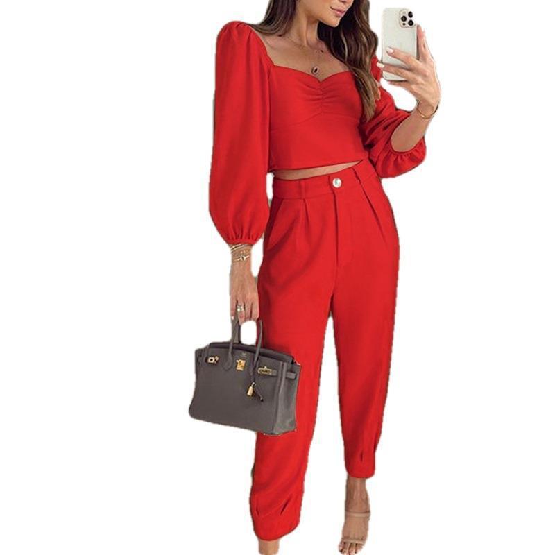 Fashion Matching Suit Temperament Pure Color Square Collar Long Sleeve Top High Waist Ankle-tied Trousers Two-piece Set - Trendha