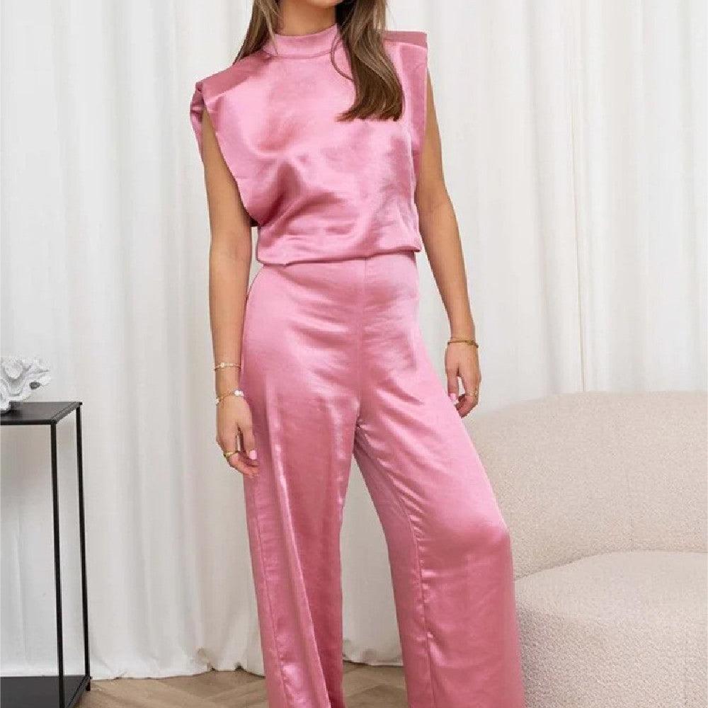 Fashion Satin Top Wide Leg Pants Suit - Trendha