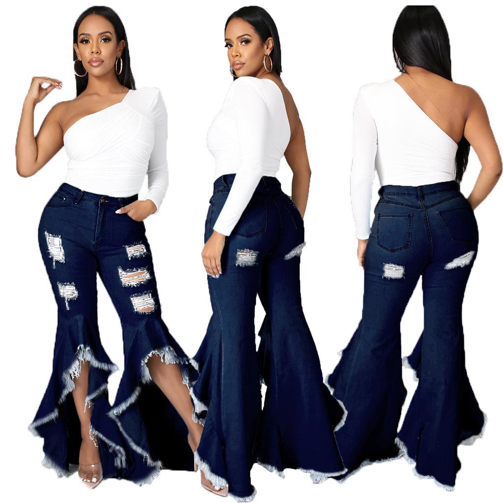 Fashion Stitching Ripped Washed Denim Stretch Slim Bell-bottom Pants - Trendha