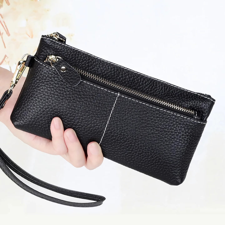 100% Cowhide Leather Women’s Wallet - High Capacity Zipper Purse with Wrist Strap