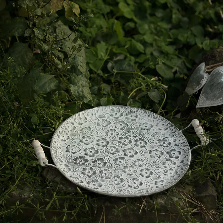 Handcrafted Round Metal Antique Serving Tray with Wood Handles