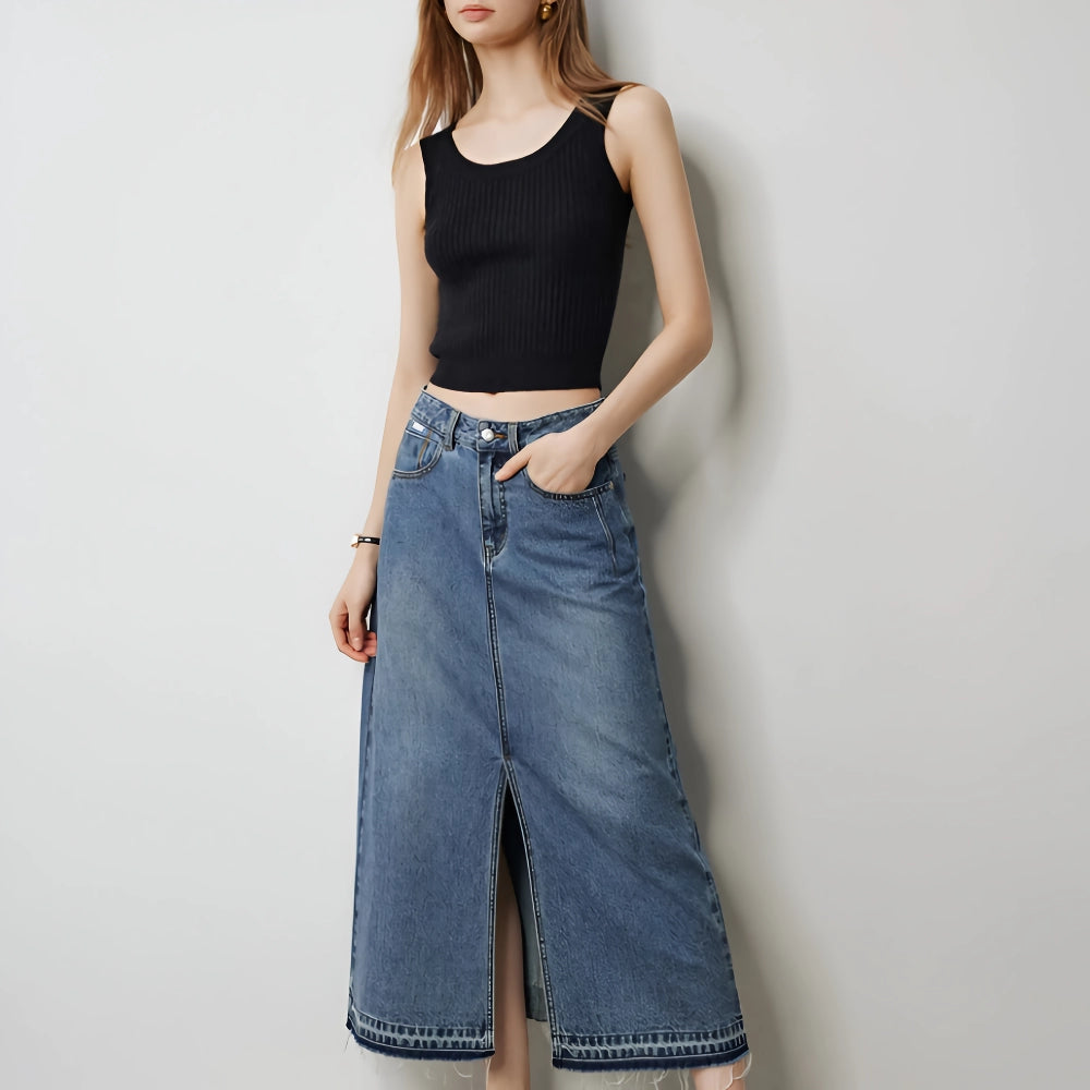 High Waist Open Split Pocket Denim Skirt