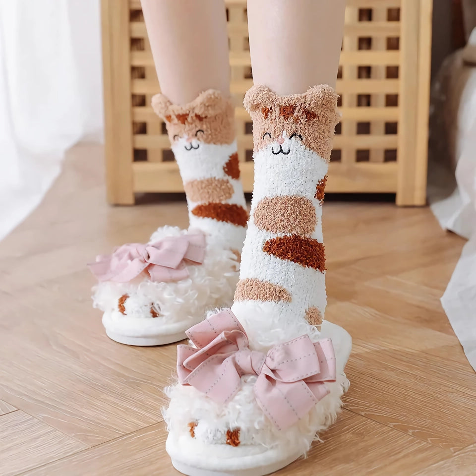 Cute Cartoon Kitten Fleece Warm Indoor Floor Socks - Kawaii Cat Claw Design