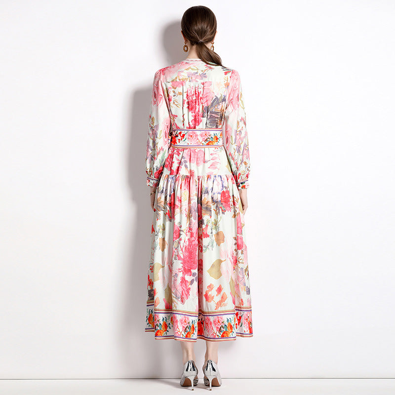 Elegant Floral Single-breasted Swing Dress