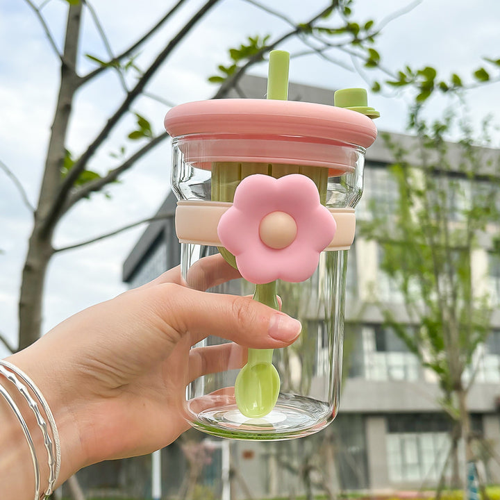 Flower Glass Cup with Lid, Straw, and Infuser