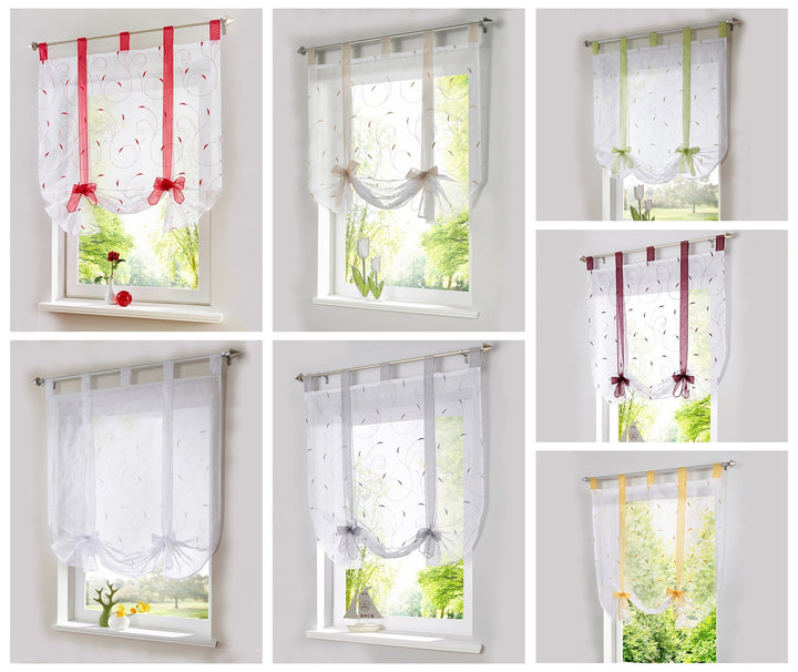 Embroidered Pastoral Adjustable Curtain Rod Ribbon Roman Window Screen