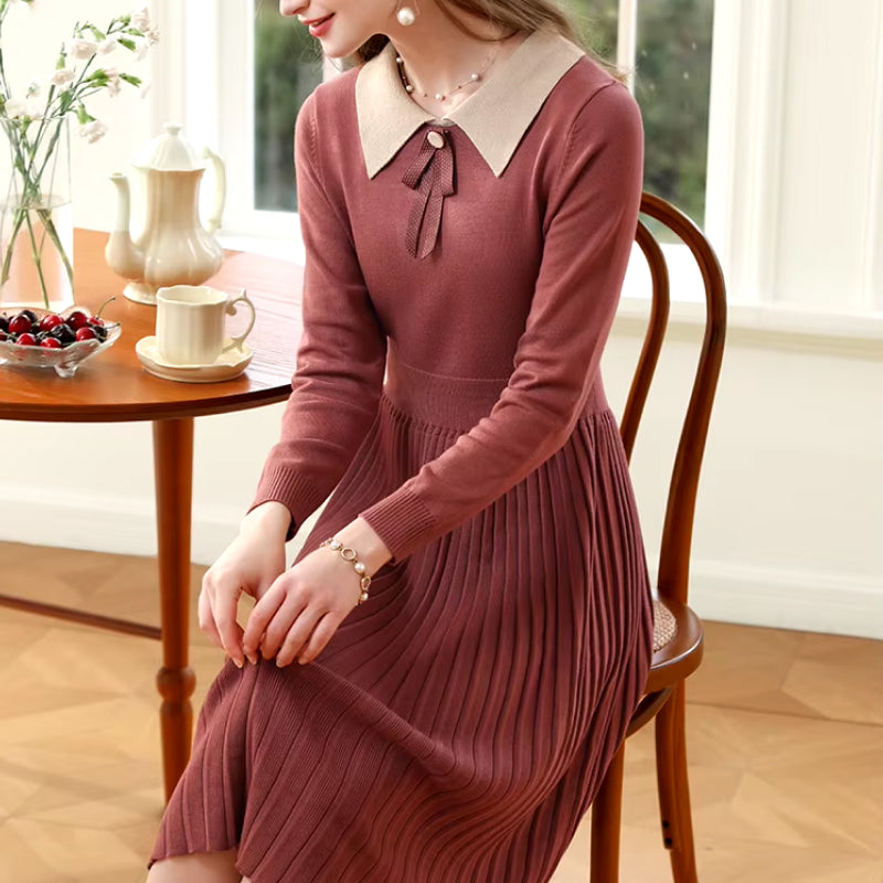 Winter Pleated A-Line Knit Dress with Bow Waist Fairycore Style