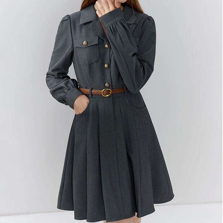 Elegant Grey Office Lady Belted Suit Dress