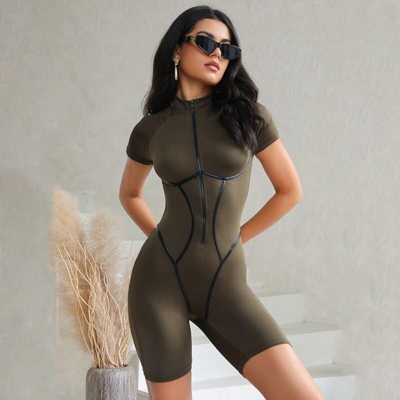 Autumn Chic Contrast-Seam Zipper Playsuit