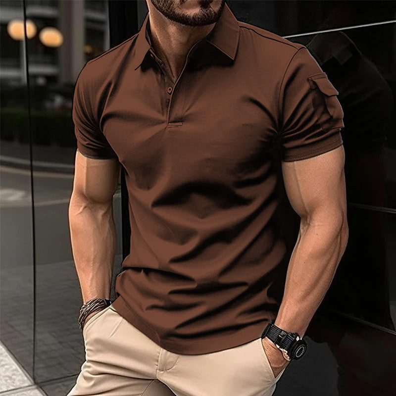 European And American Summer Men's Lapel Button P Arm Short Sleeve Pocket Sweatshirt