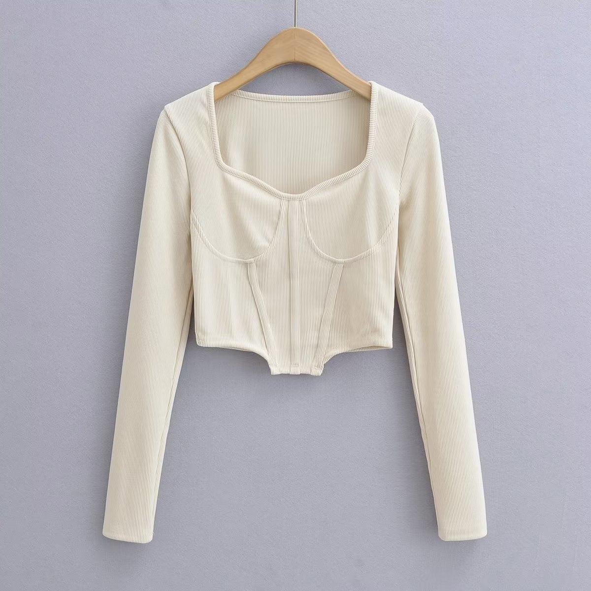 Fish Bone Low Neck Autumn New Slim Short Open Waist Top - Trendha