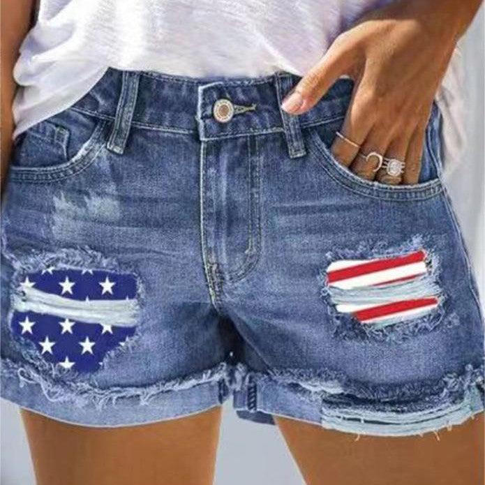 Flag Printed Patch Denim Shorts - Trendha