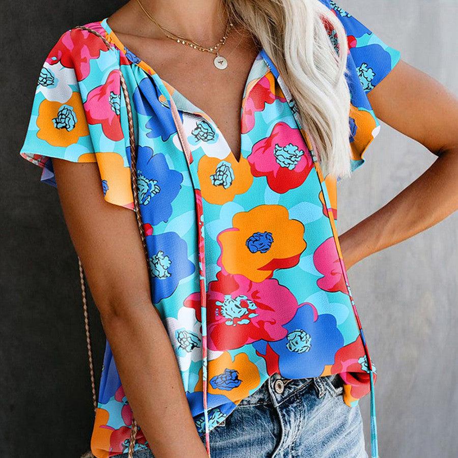 Floral Print Drawstring V-neck Short Sleeve - Trendha