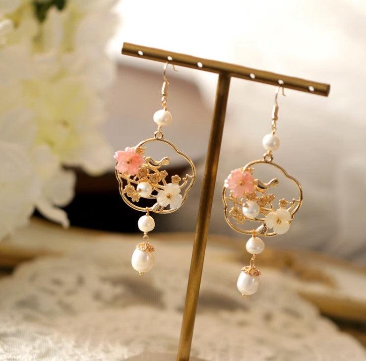 Flower And Bird Accessories Natural Pearl Long Ear Accessories - Trendha