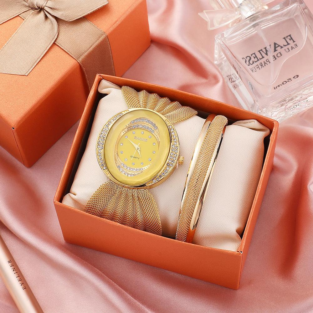Flower Oval Broadband Gold Silver Mesh Strap Watch - Trendha
