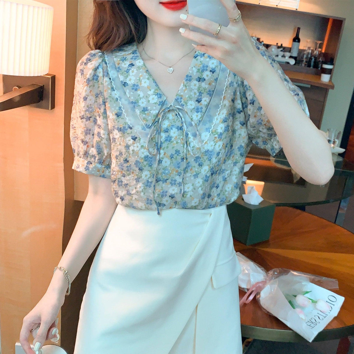 Fragmented Baby Neck Top Short Sleeve Unique Design Shirt Beautiful Chiffon Shirt - Trendha