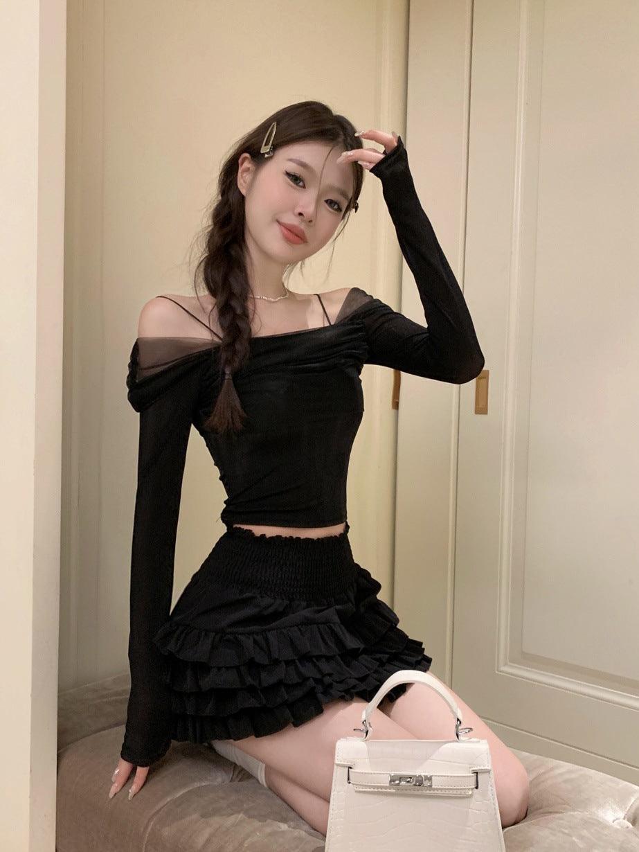 French Mesh Off-shoulder Long Sleeve Top - Trendha