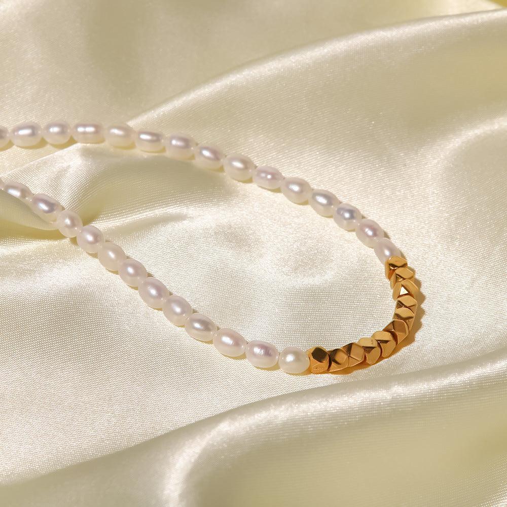 French Vintage Stainless Steel Small Gold Square Pearl Necklace - Trendha