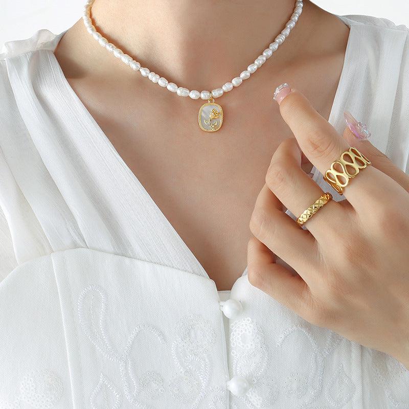 Fresh Water Pearl Chain Oval Brand Inlaid Zircon Color Shell Embossed Flower Necklace - Trendha