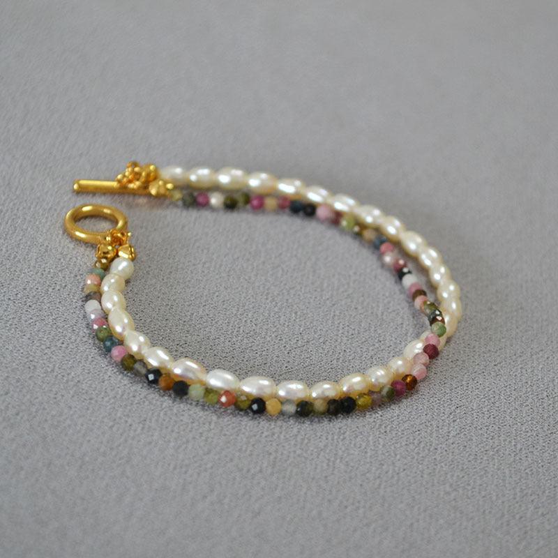 Freshwater Orzo Pearl Colorful Tourmaline Beaded Bracelet - Trendha