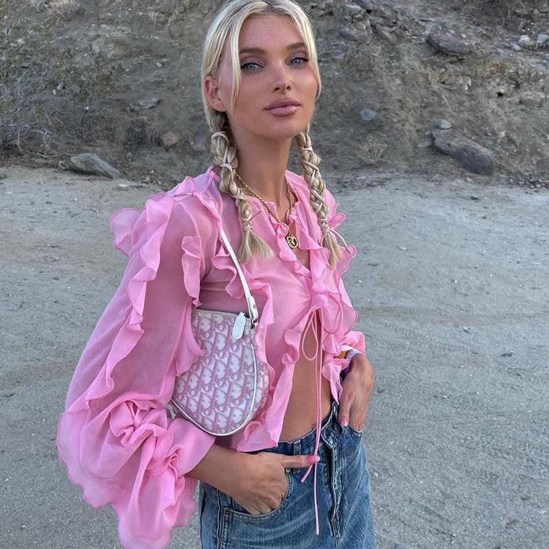 Girl's Heart Bow Tied V-neck Ruffled Short Top - Trendha