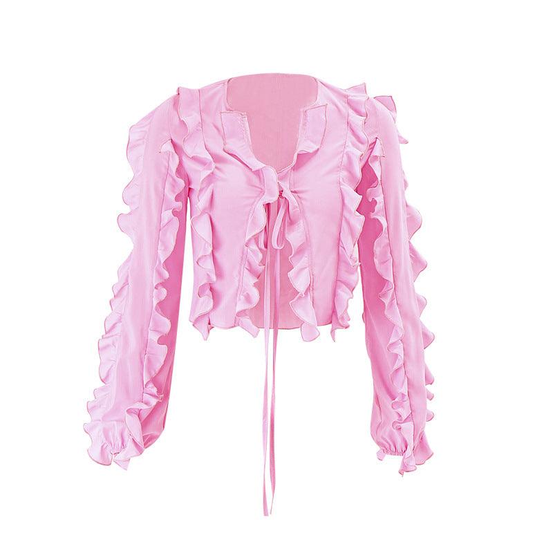 Girl's Heart Bow Tied V-neck Ruffled Short Top - Trendha