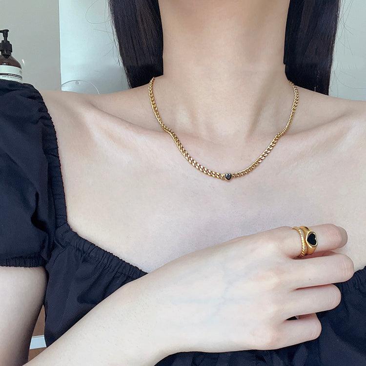 Gold Plated Black Love Thin Chain Collarbone Necklace