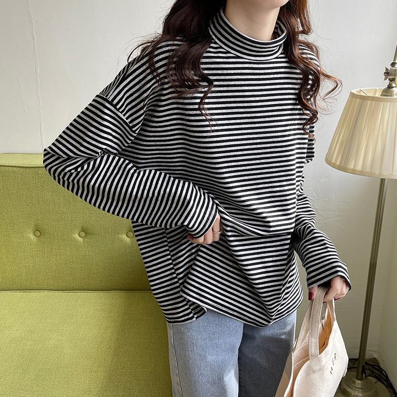 Half High Neck Striped Long Sleeved T Shirt - Trendha