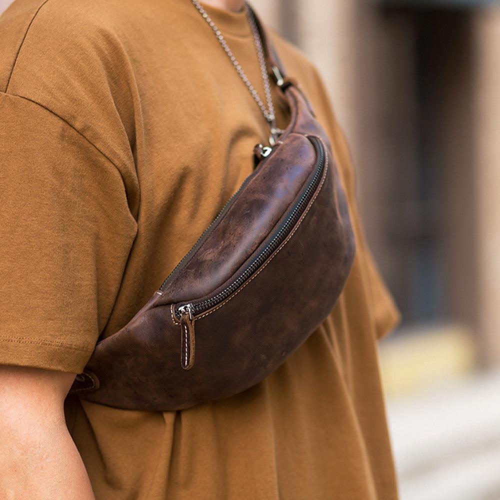 Handmade Retro Head Layer Crazy Horse Leather Zipper Chest Bag - Trendha