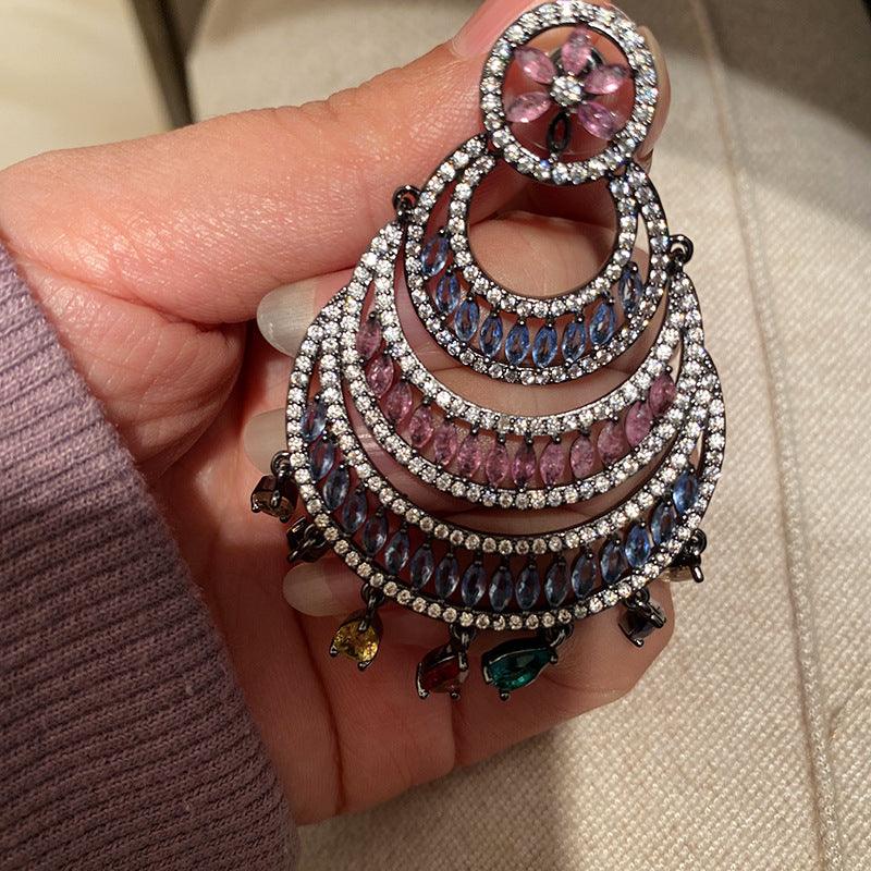 Hollow Color Large Circle Crescent Shaped Water Drop Tassel Earrings - Trendha