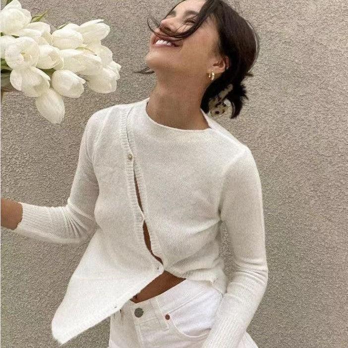 Asymmetric Round-Neck Polyester Long-Sleeve Top
