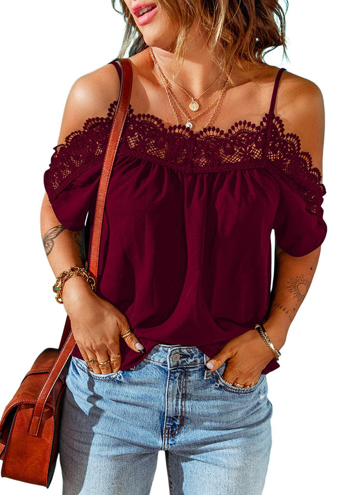 Lace Off-neck Short Sleeve Top Pullover Shirt - Trendha