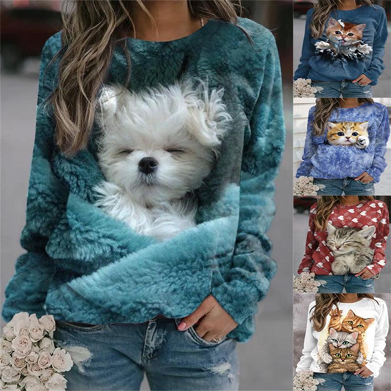 Ladies Loose Printed Long Sleeve Round Neck Sweatshirt - Trendha