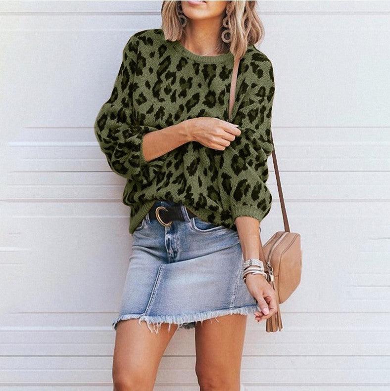 Lantern Sleeve Leopard Jacquard Sweater Female - Trendha
