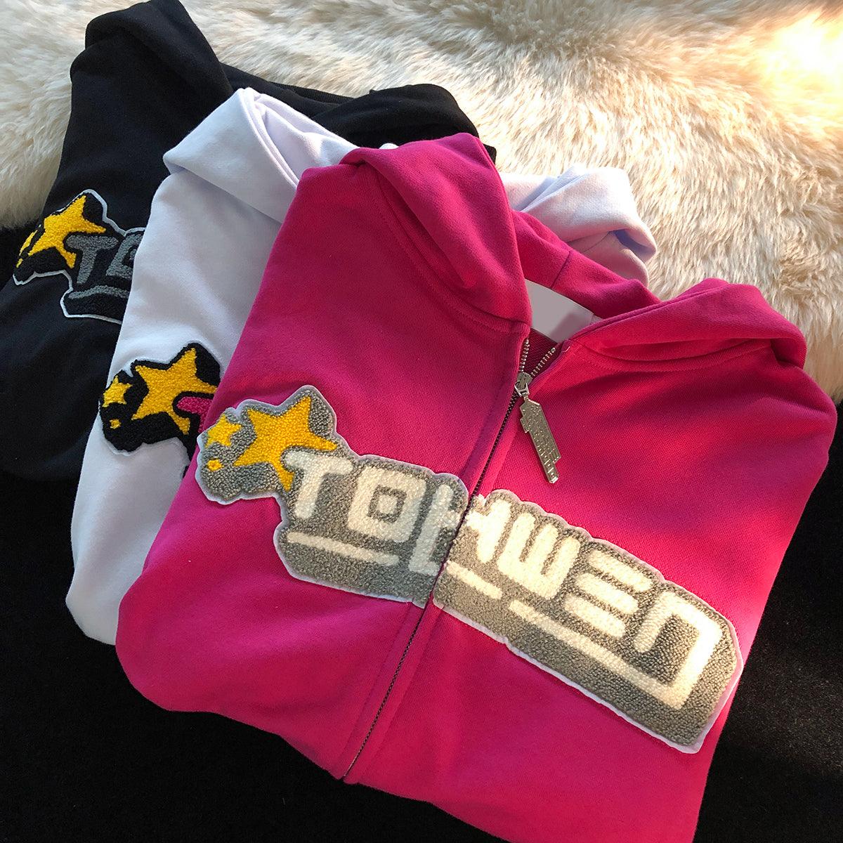 Letter Embroidery Hoodies Women High Set Loose Flocking Sweater - Trendha
