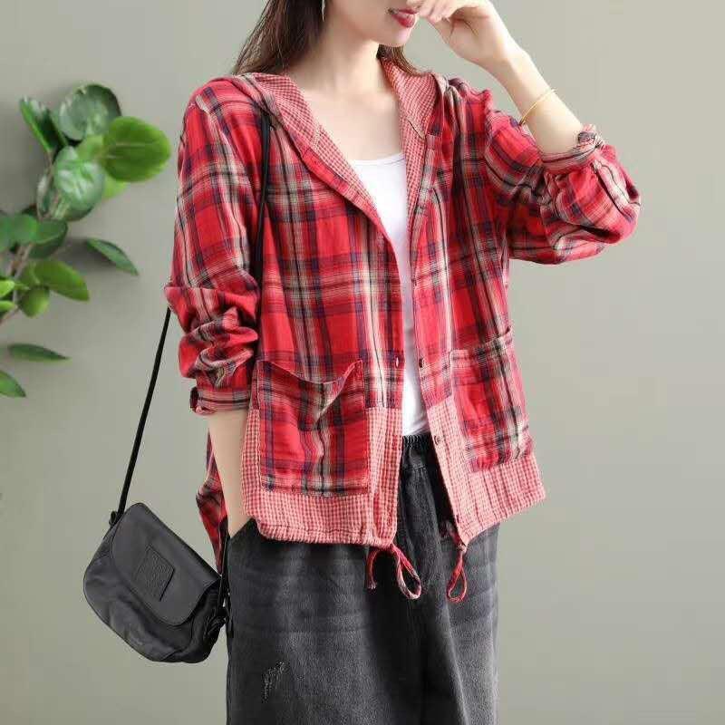 Literary Original Cotton Hooded Plaid Jacket - Trendha