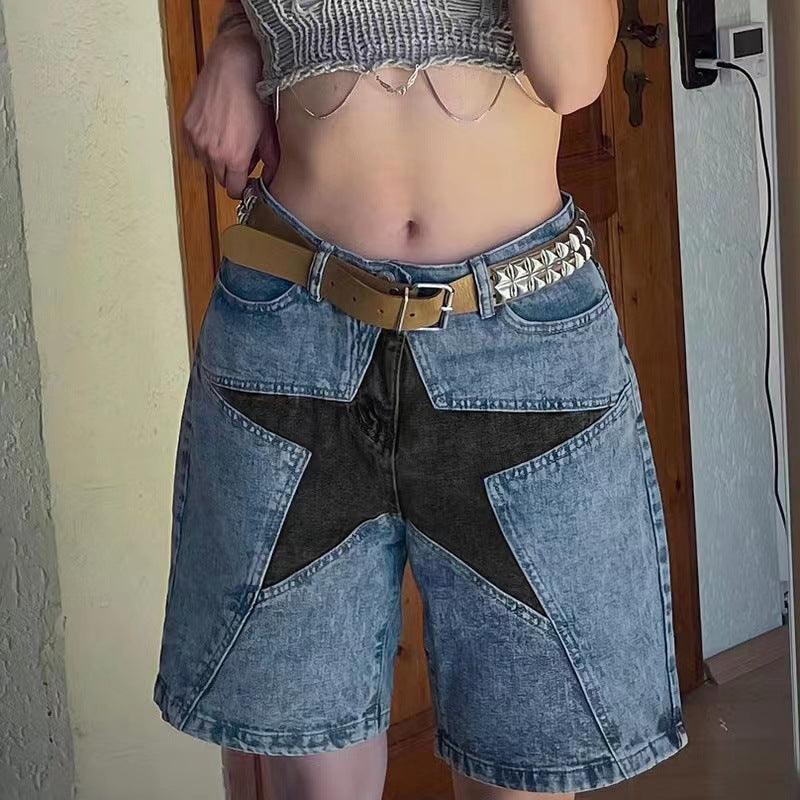 Loose Contrast Color Five-pointed Star Patch Denim Shorts - Trendha