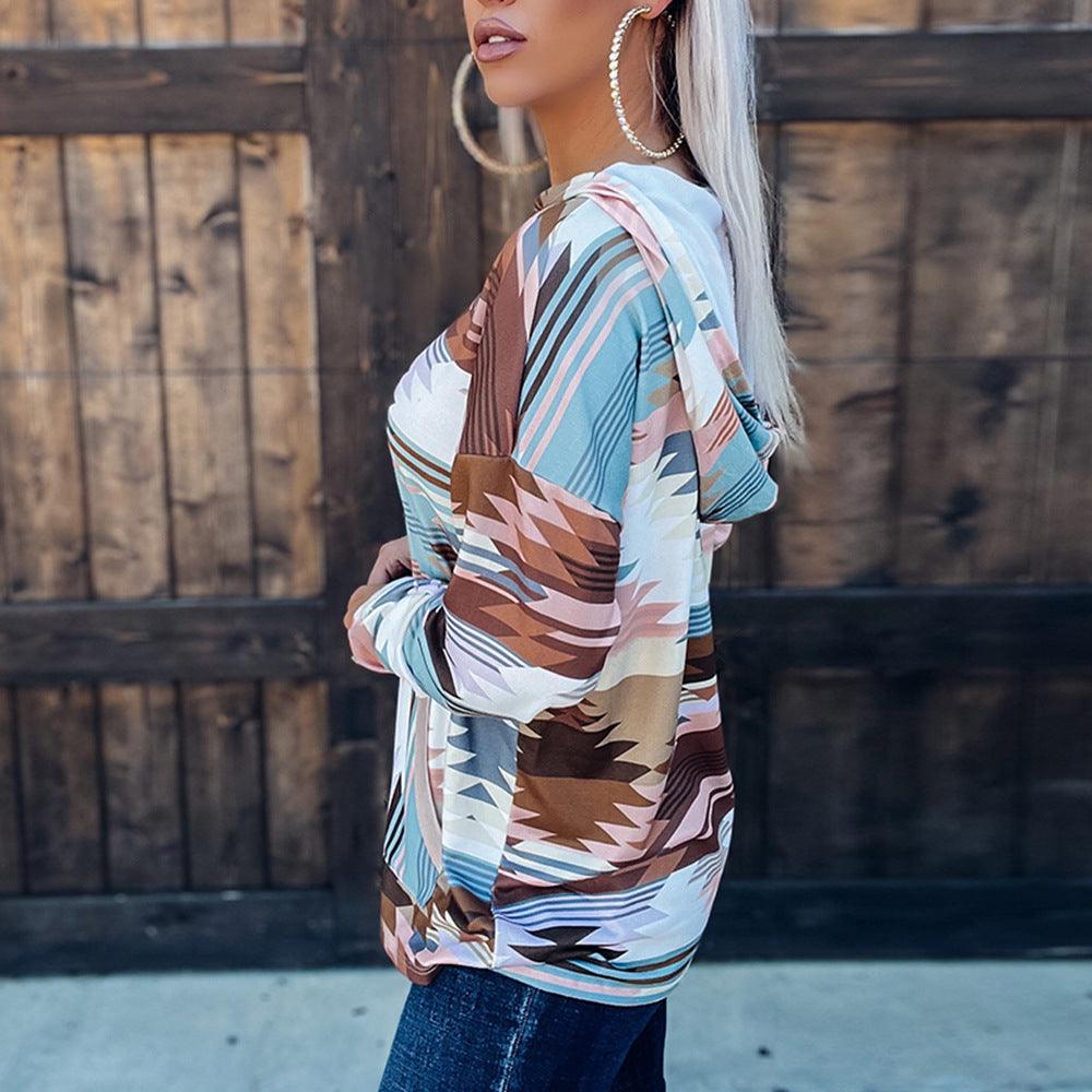 Loose Contrast Pocket Pattern V-neck Hooded Sweater In Spring - Trendha