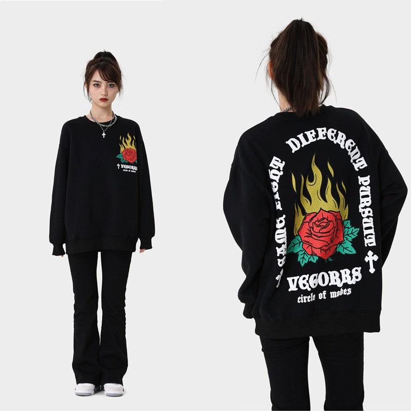 Loose Round Neck Flame Rose Print Plus Fleece Thickened Hoodie - Trendha