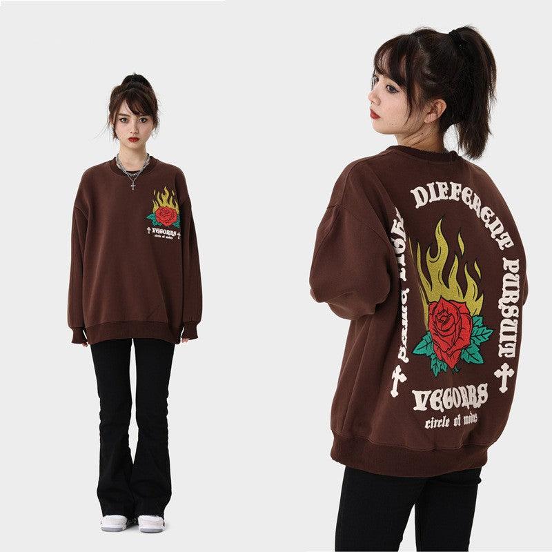 Loose Round Neck Flame Rose Print Plus Fleece Thickened Hoodie - Trendha