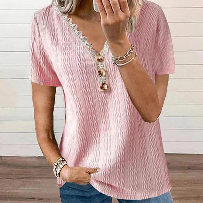Loose V-neck Casual Lace Button Short Sleeve T-shirt Top - Trendha