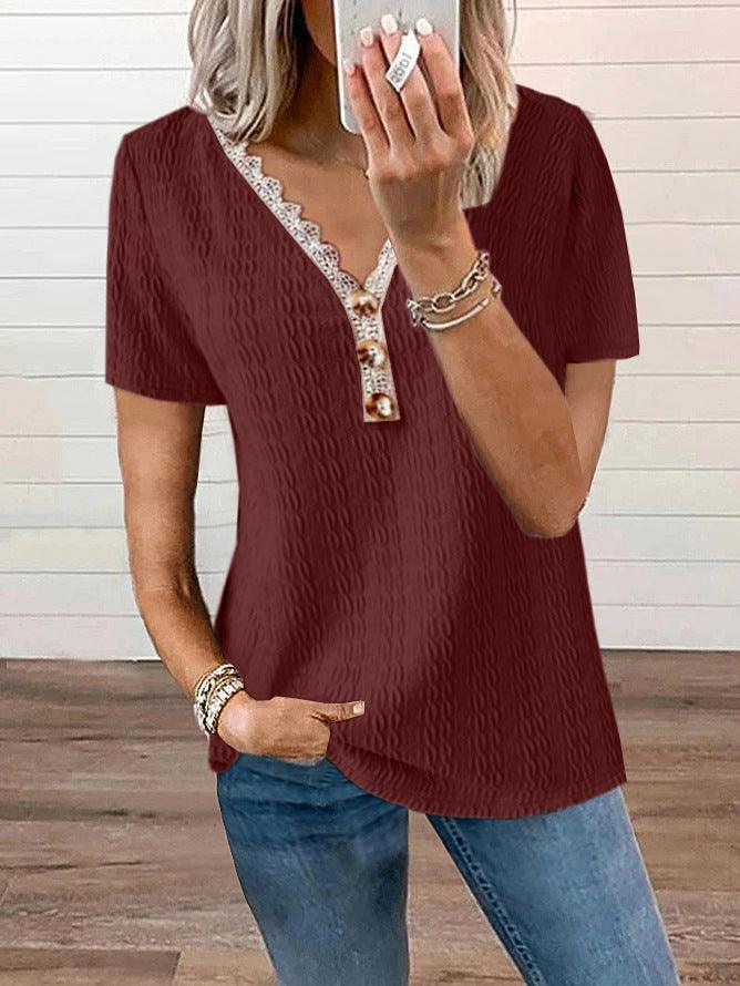 Loose V-neck Casual Lace Button Short Sleeve T-shirt Top - Trendha
