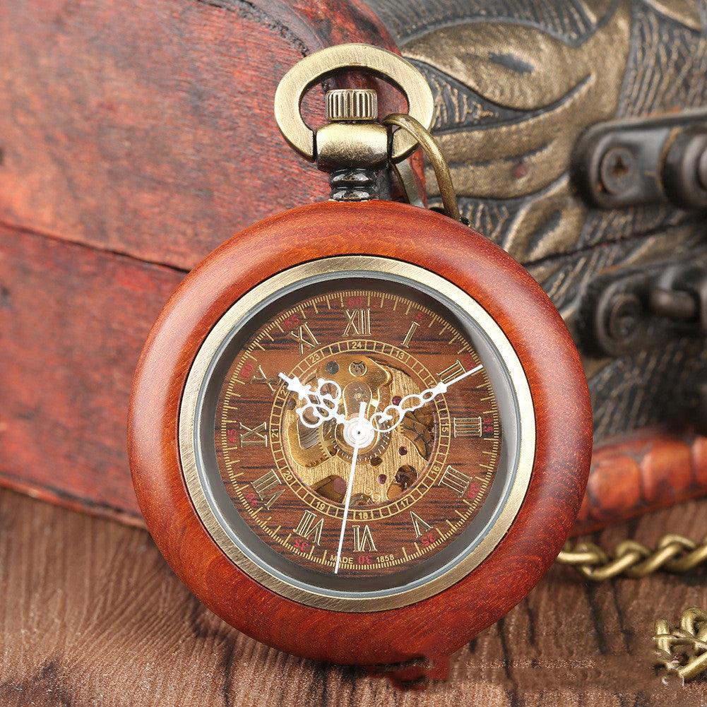 Wood-Look Roman-Numeral Mechanical Pocket Watch