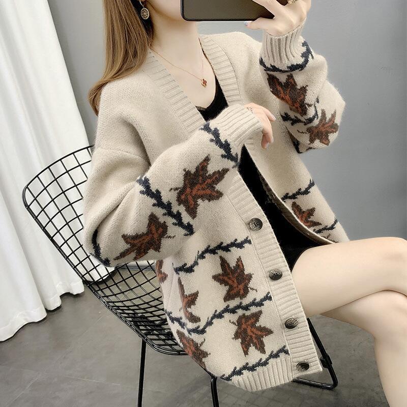 Maple Leaf Jacquard Knitted Cardigan Women's Loose Sweater