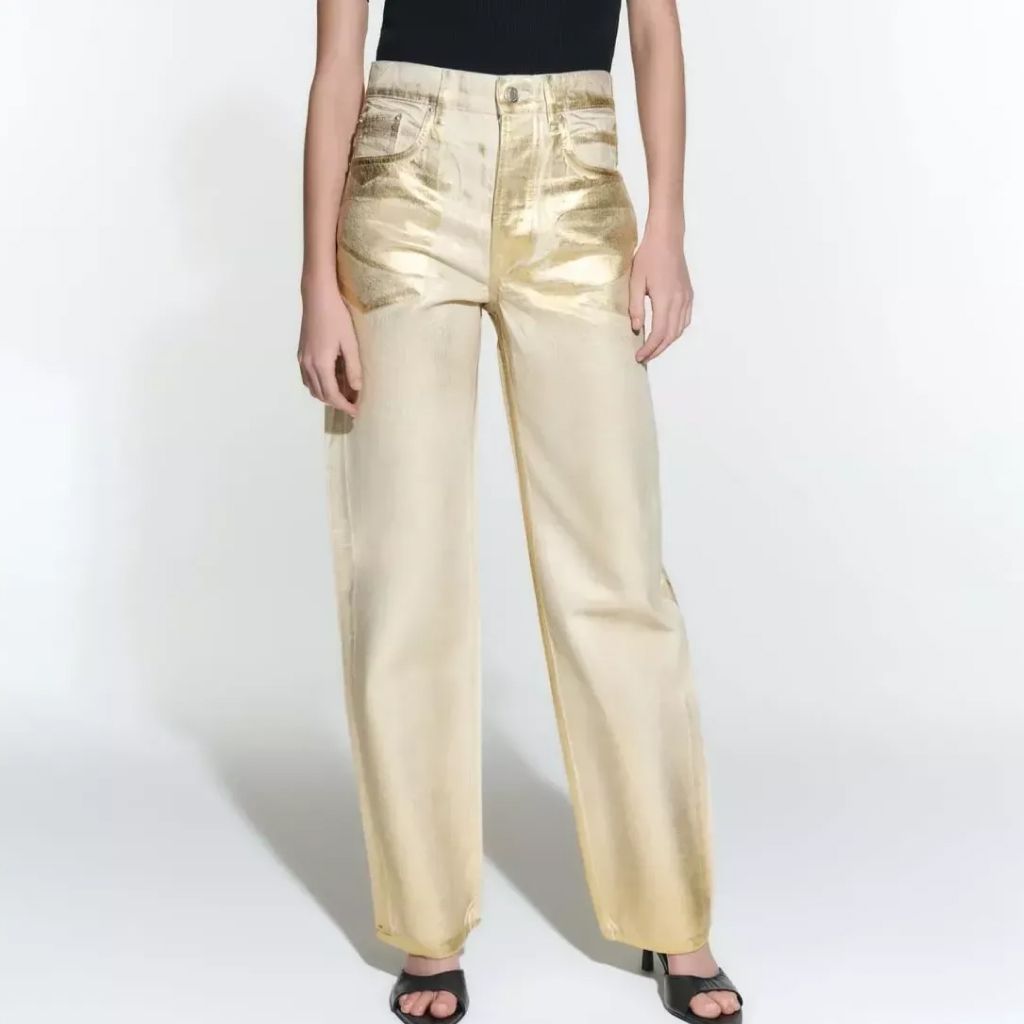 Gold-Coated High-Waist Straight-Leg Pants