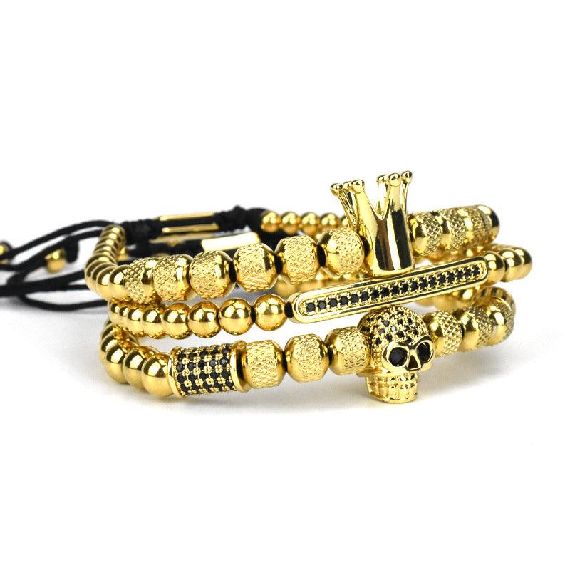 Men's Retro Crown Ghost Head Braided Stainless Steel Skull Bracelet Set - Trendha
