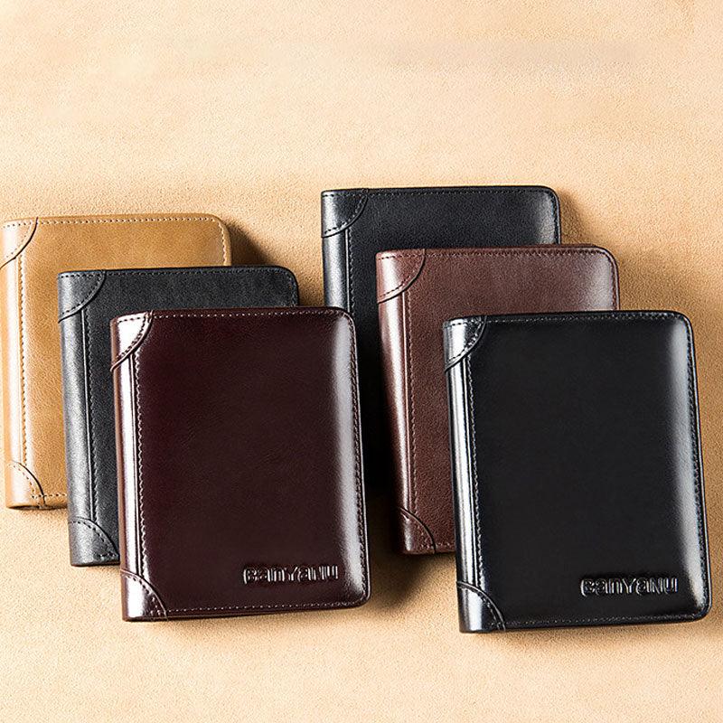 Men's Short Matte Leather Tri-fold Vertical Wallet