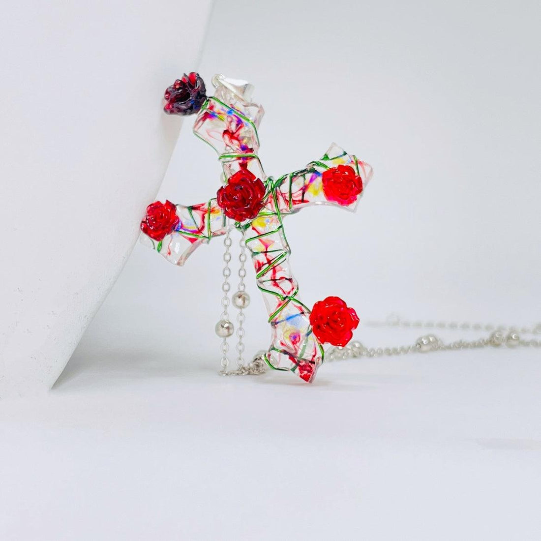 Miaoke Handmade S925 Sterling Silver Cross Necklace Rose Pendant